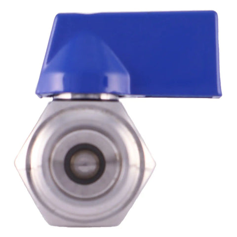 Front view of Three Eighths Inch Stainless Steel 304 Mini Ball Valve Built Tough With Reduced Port 1000 PSI, blue lever handle