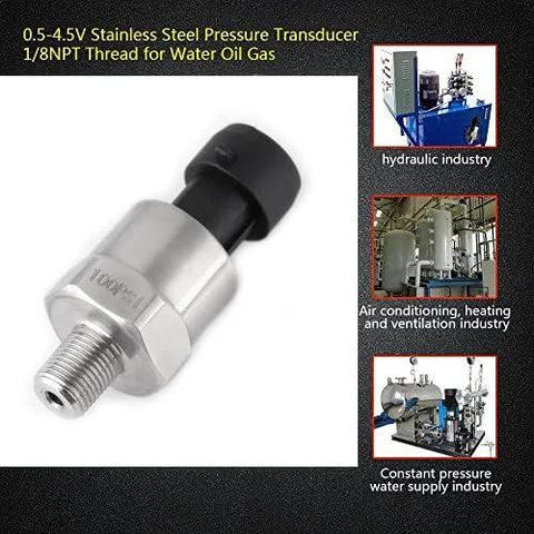 100 PSI 316 stainless steel pressure transducer with 1/8 NPT thread for oil, fuel, air, and water.
