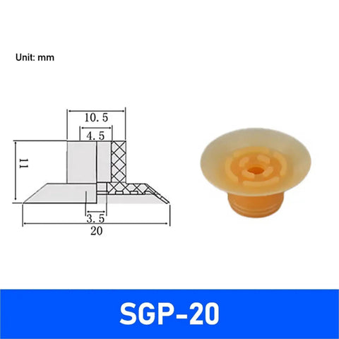 Heavy Duty Pneumatic Vacuum Suction Gripper Plate For Paper Film And Plastic Bags, SGP-20 size with orange design and detailed schematics.