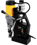Heavy Duty Magnetic Base Drill Press Rock Solid Shop Workhorse Two Twenty Volt Portable Core Boring Rig For Tough Metal Jobs No Fuss Setup with yellow motor and controls.
