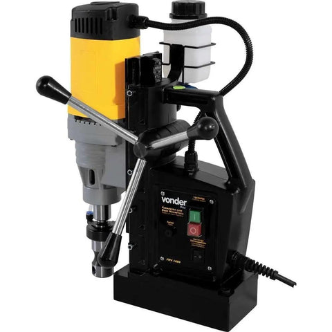 Heavy Duty Magnetic Base Drill Press Rock Solid Shop Workhorse Two Twenty Volt Portable Core Boring Rig For Tough Metal Jobs No Fuss Setup with yellow motor and controls.
