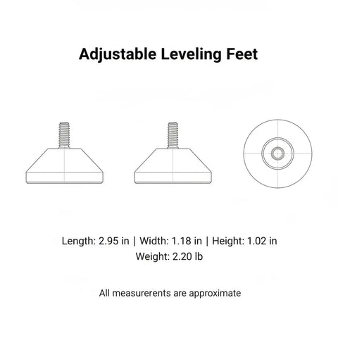 Heavy Duty Adjustable Leveling Feet With Rubber Base To Kill Wobble On Uneven Floors Precise Threaded Height Adjustment side and top views.
