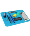 Two Pack Silicone Soldering Mat For Electronics Repair Workstation With Grids Pro Grade Anti Static Non Toxic Flexible Heat Resistant Durable Pad displaying tools and components on a blue mat.