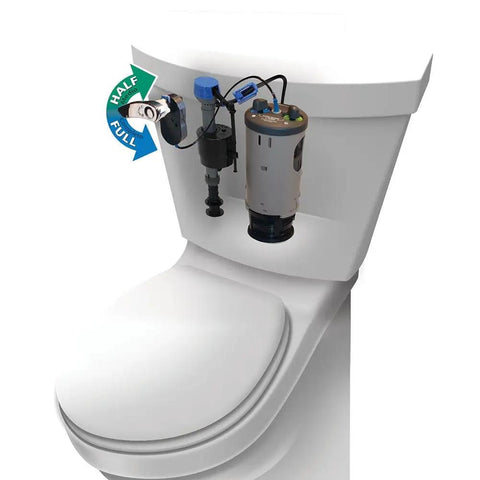 Dual Flush Conversion System For 2 Inch Toilets With Complete Fill installed in a white toilet, showcasing half and full flush settings.