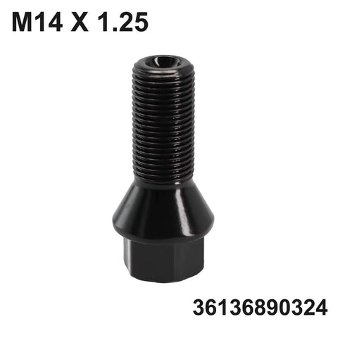 Premium Black Locking Lug Wheel Studs Kit For BMW Models E70 F30 F80 M14 X 1.25 Heavy Duty Replacement Bolts To Keep Your Rides Smooth And Secure Without Issues. Black M14 x 1.25 BMW wheel stud, steel locking bolt with hex base.