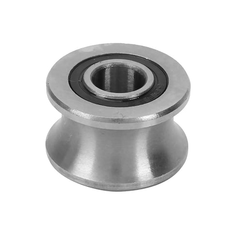 U Shaped Track Roller Bearing Featuring Groove Pulley Design And Heavy Duty Sliding Wheels For Industrial Automation And Photo Gear Runs Super Smooth And Built Tough For Daily Production Use At 8 By 22 Point 5 By 14 Point 5 Millimeters - close-up of polished metal groove pulley bearing.