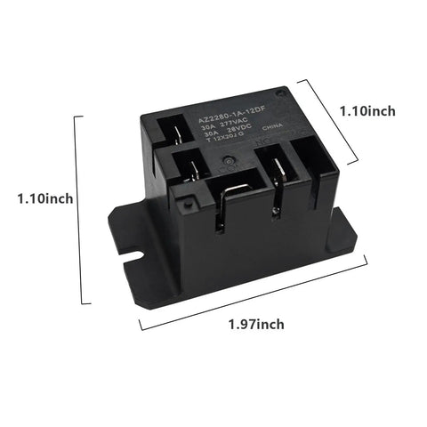 AZ2280 1A 12DF Pack Of 2 Mini Power Electromechanical Relay 12V AC 30A SPST NO, black relay with dimensions 1.97x1.10 inches