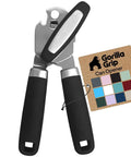 Heavy Duty Stainless Steel Smooth Edge Manual Can Opener And Bottle Opener With Oversized Handheld Turn Knob Soft Comfortable Handle Multifunction Kitchen Tool Us Designed Black shown with packaging