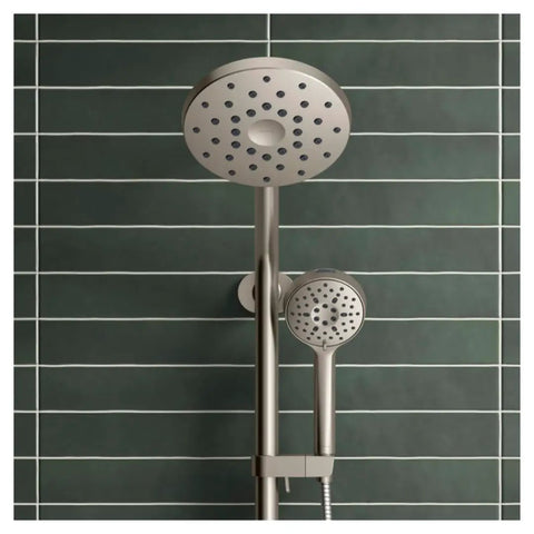 Next Level Three In One Shower System With Big Rain Head And Smooth Handheld Glide Rail Crisp Brushed Nickel Finish Five Custom Spray Modes High Efficiency 1 75 Gpm Flow For Modern Homes