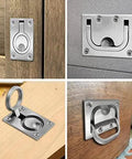 Two Pack Marine Boat Ring Hatch Pull Handle on wood drawers, flush mount recessed trap door pulls, 316 stainless steel, satin finish
