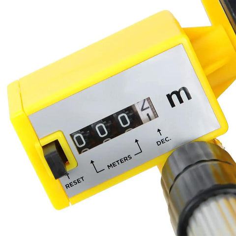 Close-up view of the Keenso Measuring Wheel's yellow digital display showing 4m, perfect for precise measurements.