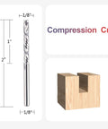 SpeTool carbide compression router bit, 1/8 in shank, 2 in overall length, shown with wooden workpiece.