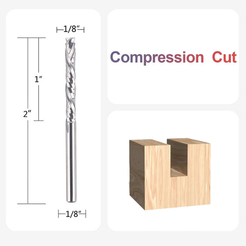 SpeTool carbide compression router bit, 1/8 in shank, 2 in overall length, shown with wooden workpiece.