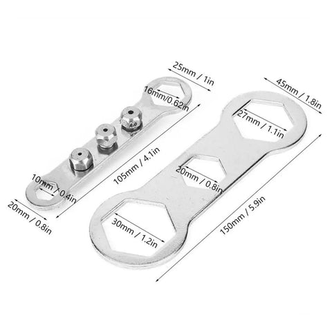 Upgrade Your Garage Setup With This Anu Limen Cordless Drill Adapter Kit That Turns Any Power Tool Into A Super Fast Rivet Gun For Metals And Plastics Including 4 Rivet Heads Wrench Plus Auxiliary Handle For Serious DIY Pros. silver metal wrench set with size markings, 150mm and 105mm