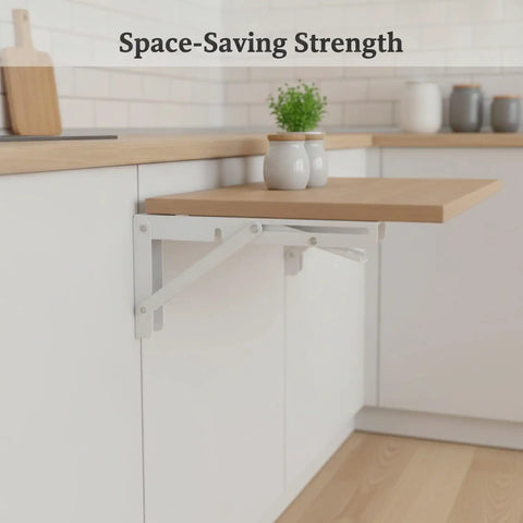 Stainless Steel Wall Mount Foldable Brackets for Floating Shelves and Drop Leaf Tables in kitchen setup