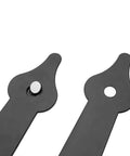 Heavy Duty Premium Garage Door Hardware Kit Featuring Decorative Handles And Sturdy Steel Hinges For Dead Nuts Closure And Zero Sweat Residential Upgrade Project. Close-up of black steel hinges with decorative ends.