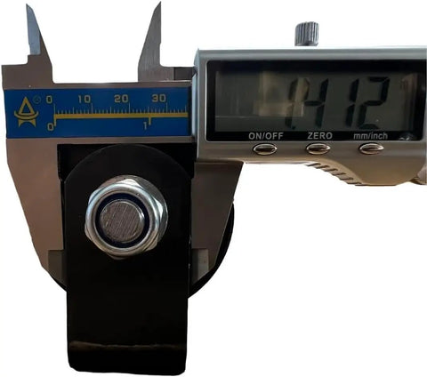 Close-up of 12 Inch Sliding Gate Rollers Set of 4 With Removable Axles, caliper measuring bolt width, heavy duty steel.