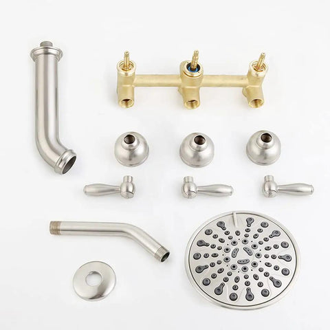 Three-Handle Tub And Shower Faucet Set In Brushed Nickel With Tub Spout, Dope High-Flow Waterfall Bath Mixer components layout.