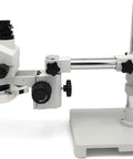 7X-45X Trinocular Stereo Microscope With Wide Field 10X Eyepieces And 0.7X-4.5X Zoom, Single Arm Boom Stand, And 56 LED Ring Light For Gemology Geeks And Electronics Repair Pros, Engraving, And Precise Surface Inspection. white metal trinocular stereo microscope on boom stand