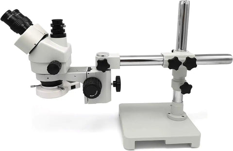 7X-45X Trinocular Stereo Microscope With Wide Field 10X Eyepieces And 0.7X-4.5X Zoom, Single Arm Boom Stand, And 56 LED Ring Light For Gemology Geeks And Electronics Repair Pros, Engraving, And Precise Surface Inspection. white metal trinocular stereo microscope on boom stand