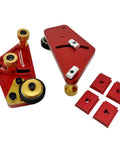 Pro Grade Portable Aluminum Table Saw Roller Feeder Dolly Featuring Smooth Ball Bearings, red aluminum parts with wheels and accessories.
