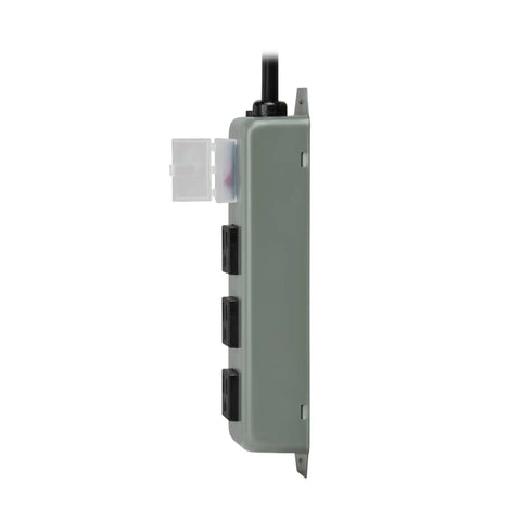 Side view of 3-Outlet Heavy Duty Power Strip With Metal Housing, Mountable Wall Or Under Desk, 9 Ft Cord, On Off Switch Cover