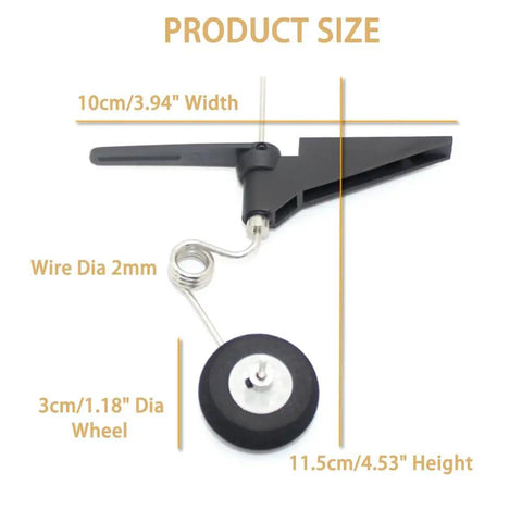 Tail Wheel Bracket Assembly For RC Airplane And Helicopter - DIY Model Aircraft Landing Gear Upgrade Pro Grade Black Tail Wheel Kit With 30mm Wheel 2mm Wire Easy Rudder-Linked Steering And Durable Build showing dimensions with measurements and structure components