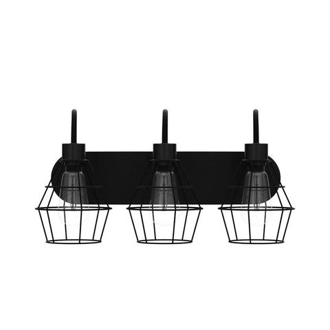 Front view of Retro Style Industrial 3-Light Vanity Light In Matte Black With Cage Design, Dope Vintage Farmhouse Wall Sconce For Bathroom Vanity UL Listed Fixture With Bulbs Included