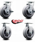 Product image of four units from a Tool Box Caster Wheel Set For Heavy Duty Mobility 6 Inch Non Marking Thermoplastic Rubber Flat Tread Wheels Industrial Grade Two Swivel With Top Lock Brakes Zero Maintenance Smooth Toolbox Rollability, showing swivel and brake mechanism.