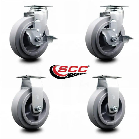 Product image of four units from a Tool Box Caster Wheel Set For Heavy Duty Mobility 6 Inch Non Marking Thermoplastic Rubber Flat Tread Wheels Industrial Grade Two Swivel With Top Lock Brakes Zero Maintenance Smooth Toolbox Rollability, showing swivel and brake mechanism.