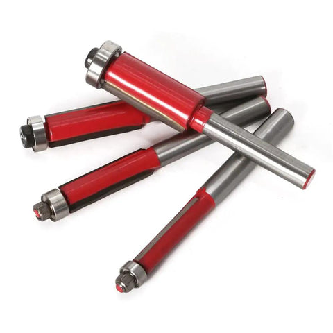 4 Piece Tungsten Carbide Flush Trim Router Bit Set With Top Bearing And Quarter Inch Shank For No Sweat Woodworking Trimming Tight Precision Edge Cutting Boss Grade Pro Shop Essential