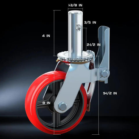 Badass Heavy Duty Eight Inch Scaffolding Caster Wheels Set Of Four featuring red 8-inch polyurethane wheel and locking brake mechanism.