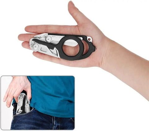Emergency Response Shears Set With Stainless Steel Foldable Rescue Scissors Pliers held in hand, easily fits in pocket