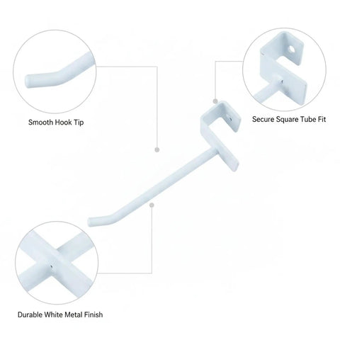White Square Profile Metal Hook for Grid Shelving, showing smooth hook tip, secure square tube fit, and durable white metal finish.