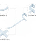 Metal display hook for square tube grid shelving, white finish, one-piece locking attachment, showing smooth tip and secure fit.