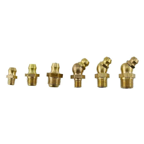 135 Piece Brass Zerk Grease Nipple Fittings Set M6 M8 M10 With 45 Degree And 90 Degree Angles visible, highlighting brass finish.