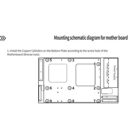 Mounting schematic diagram for motherboard installation instructions with copper cylinder placements.