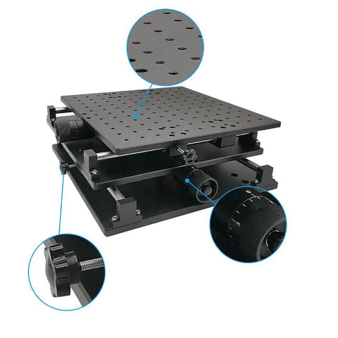 Top Shelf XY Axis Linear Stage With Knockout Matte Black Build For Laser Marking Engraving And Precision Optical Labs showcasing perforated surface and adjustable knobs.