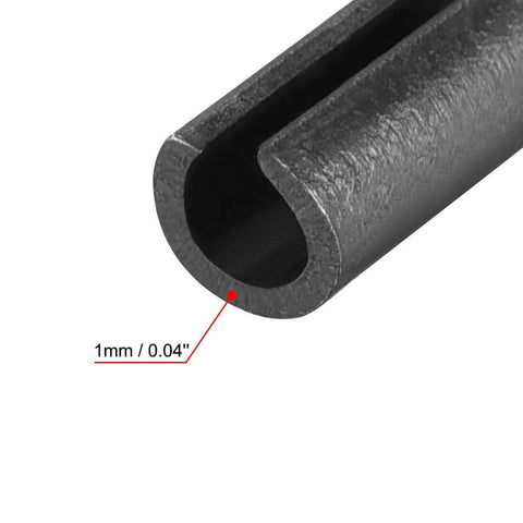 Close-up of 5mm diameter Slotted Spring Pin with 1mm slot, 20mm length, plain finish, made from 65Mn steel, axial slotted with chamfered ends.