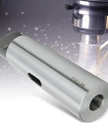 Side view of MT5 to MT2 taper reducing drill sleeve; silver metal, precision machined adapter
