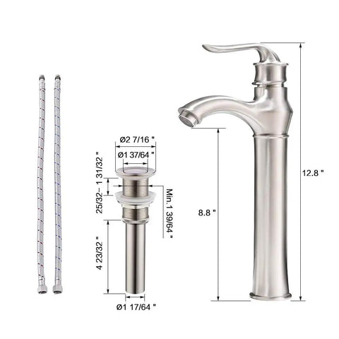 Rectangle Vessel Sink And Faucet Combo For Modern Bathrooms White Above Counter Basin 19 By 15 Inch Vanity Set With Brushed Nickel Faucet And Pop Up Drain Sleek Upgrade For Your Bathroom Daily Routine showing faucet and drain with dimensions.