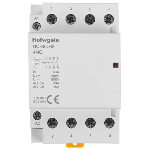 Front view of 4 Pole 63A AC Contactor With 110V 120V Coil 4NO Contacts 230V Ue 500V Ui 35mm DIN Rail Mount Beefy High Current Switch