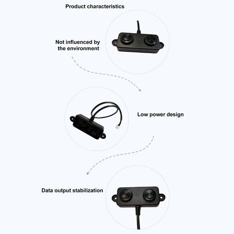 Ultrasonic Distance Sensor 3.3V-5V with ABS housing showing front view with cables for high range detection in industrial automation.