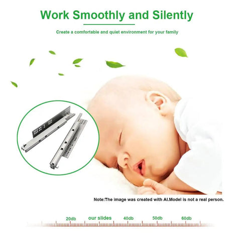 Super Smooth Dead Quiet Glide Heavy Duty Undermount Soft Close Drawer Slides Twenty Inch full extension ball bearing rails with a sleeping baby.