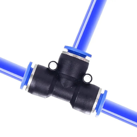 Push To Connect 3/8 Inch Tee Fitting, 3 Way T Connector, Quick Push Lock Adapter, Plastic Build With Stainless Claw, Works With PU PA PE PVC Tubing, 0 To 145 PSI, 30 To 150 F, Pack Of 10, black 3-way tee with blue tubing