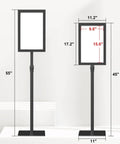 Image of Heavy Duty 11x17 Standing Sign Holder With Adjustable Pedestal, Double Sided Floor Sign Stand showing height and dimensions.