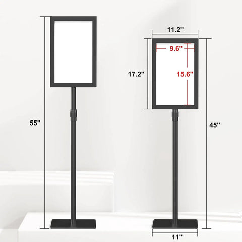 Image of Heavy Duty 11x17 Standing Sign Holder With Adjustable Pedestal, Double Sided Floor Sign Stand showing height and dimensions.