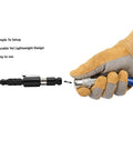 Gloved hand connecting Adjustable Pocket Blow Gun For Automotive Use With One Quarter Inch Automotive Plug aluminum body.