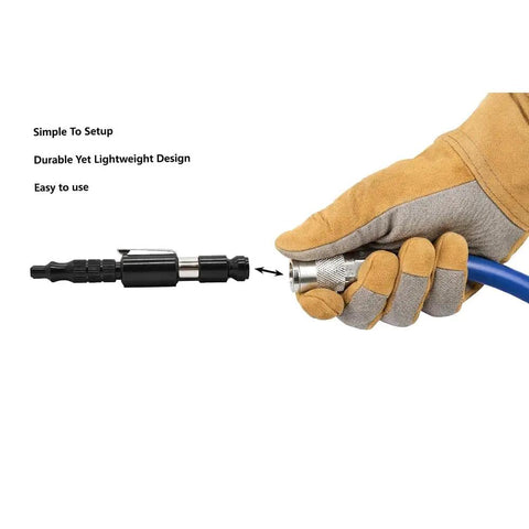 Gloved hand connecting Adjustable Pocket Blow Gun For Automotive Use With One Quarter Inch Automotive Plug aluminum body.