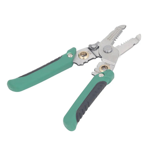 No Sweat Heavy Duty Spring Loaded Wire Stripper Multifunctional Terminal Crimping Tool With Rugged Stainless Steel Construction For Electricians, green grips for comfort.